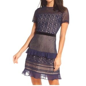 NWOT Chelsea28 Navy Lace Dress with Nude Liner Ruffles Cocktail Dress XS New
